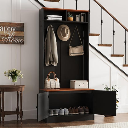 Entryway Hall Tree with Bench and Storage, 5-in-1 Farmhouse Coat Rack with 7 Hooks, Bench with Coat Rack with Storage Shelves for Hallway, Hallway, Black