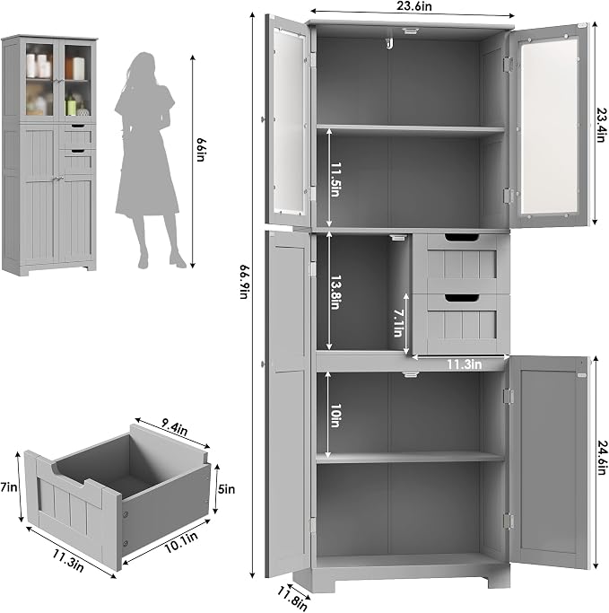 BOTLOG 67'' Tall Bathroom Storage Cabinet, Kitchen Pantry Cabinet with Glass Doors and Adjustable Shelves, Kitchen Cupboard with 2 Drawers for Bathroom, Dining Room, Grey