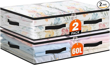 2 Pack Under Bed Storage Bags, 60L Foldable Clear Storage Containers with Handles, Dual Zippers for Comforter, Clothes, Bedding, Linen Sheets, Sweaters, Blanket Storage