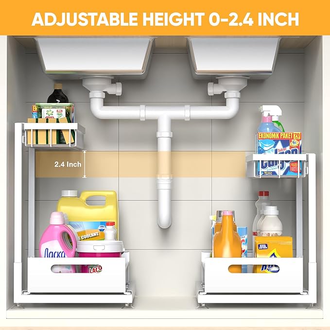 Under Sink Organizer Storage 2-Tier Premium Metal Pull-Out Kitchen Cabinet Organizer with Sliding Drawer, Height Adjustable, Heavy Duty for Kitchen & Bathroom Organizers 2 Pack White