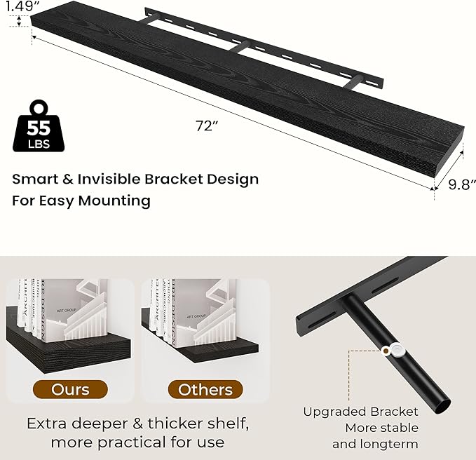 Dreamland 72 Inches Floating Shelves for Wall, 9.8" Deep Long Floating Shelves Set of 1, Large Display & Storage Shelf, Wall Shelf for Bathroom Bedroom Living Room Kitchen Office, Black