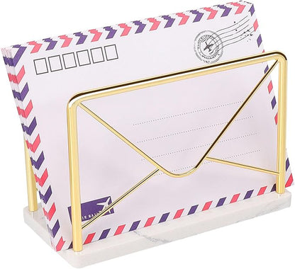 Modern Mail Holder for Home Office, Metal Letter Organizer Sorter for Desk, Cutout Mail Envelope Design, Bill Filling Paper Document Rack, Envelope Storage Rack with Marble Base (Gold)