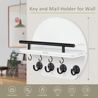 Nekon Key Holder for Wall - 9.8 Inch Apartment Wall Decor with Shelf and 8 Key Hooks, Circular Wood Key Hanger for Home Decor (White)