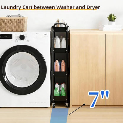 LIWNYRK 4 Tier Slim Storage Cart with Wheels for Laundry Room Between Washer and Dryer, 7.1'' Narrow Rolling Cart with Wheels and Lockable Casters, Metal Thin Standing Shelf for Small Space, Black