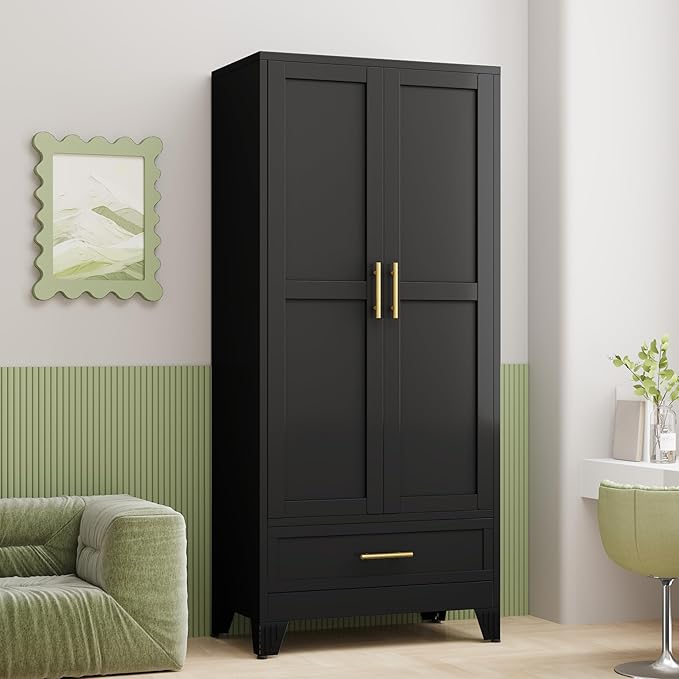 Steel Armoire Wardrobe Closet, 71" Household Wardrobe Cabinet with 2 Doors, 1 Adjustable Shelf and 1 Drawers, Metal Clothing Storage Cabinet with Hanging Rod for Bedroom, Cloak Room,Gym(Black)