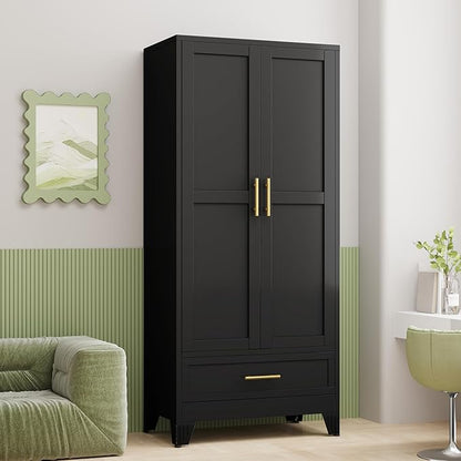 Steel Armoire Wardrobe Closet, 71" Household Wardrobe Cabinet with 2 Doors, 1 Adjustable Shelf and 1 Drawers, Metal Clothing Storage Cabinet with Hanging Rod for Bedroom, Cloak Room,Gym(Black)