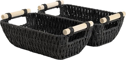 StorageWorks Black Wicker Storage Basket for Organizing with Wooden Handles, Small Woven Basket for Shelf, Toilet Paper, 2-Pack