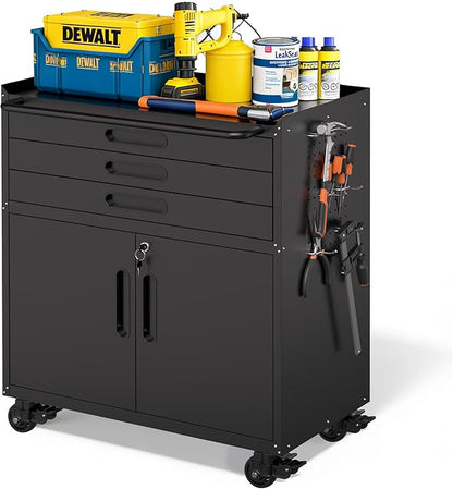 Metal Garage Storage Cabinet with Wheels, Rolling Tool Cabinet with 3 Drawers and 2 Doors, Heavy Duty Tool Cabinet with Workbench, Assembly Required, Black