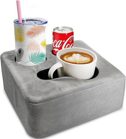 Couch Cup Holder Pillow Tray & Caddy - for Sofa, Bed, Car, Man Cave | Keep Drinks at Hand & Spill-Proof Accessories for New Parents, Camping, Park, Boat, Beach, Bathroom Cup Holder, Gray