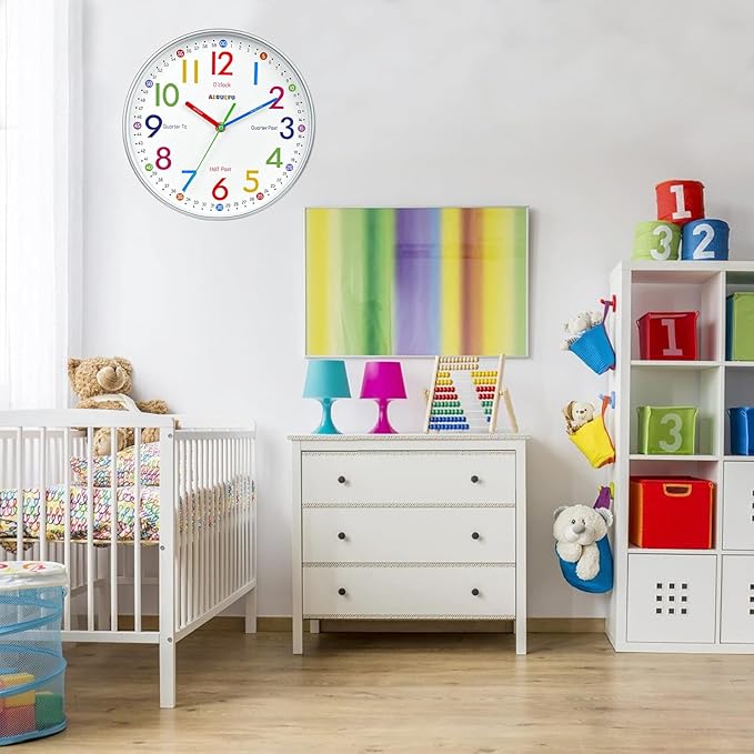 AIRUIFU Kids Wall Clock,Silent Non-Ticking Clocks Battery Operated,Kids Room Wall Decor for Bedrooms,Analog Clock for Bedroom,Living Room,Kitchen,Office,School Classroom (8 inch)