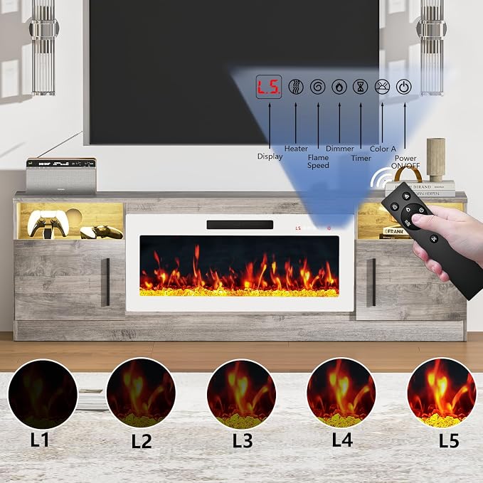 PRETZI Fireplace TV Stand with 36" Fireplace Up to 80" TVs, 70" Entertainment Center with LED Lights,Remote Control, TV Media Console with Storage Cabinets for Living Room,White+Grey
