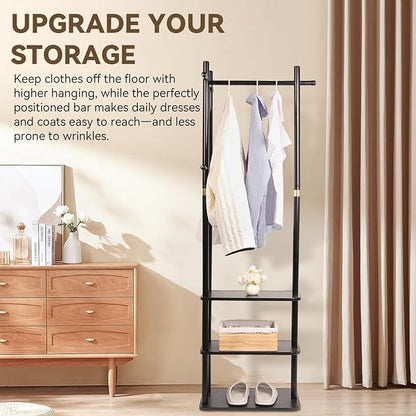 Wood Coat Rack Freestanding Clothing Rack with 3 Storage Shelves and 5 Hooks Coat Tree Heavy-Duty Garment Rack for Corner Entryways Living Rooms and Bedrooms, Black