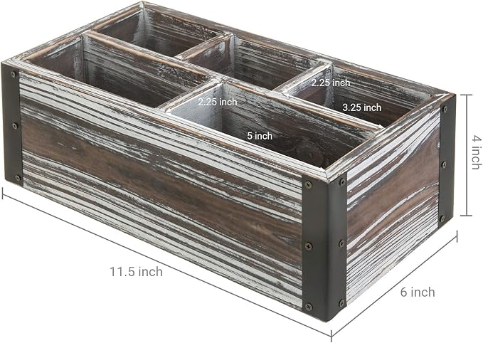 MyGift Remote Control Holder with 5-Compartment, Media Storage Organizer Remote Caddy with Black Metal Corner Wraps, for Table, Desk, Rustic Torched Wood
