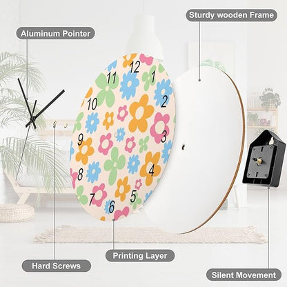 Flower Wall Clock Silent Non Ticking Battery Operated, Cartoon 70s Cute Flower Abstract Pastel Daisy Floral Clock Decorative for Bathroom Kitchen Bedroom Living Room(12 Inch)