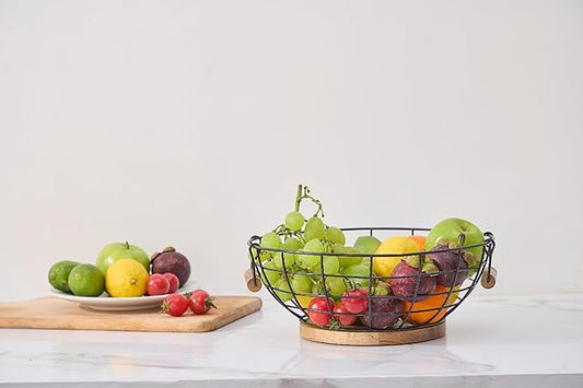 QYZFXXSF Fruit Basket Bowl for Kitchen Counter - Metal Basket with Acacia Wood Base，Fruit and Vegetable Storage Basket