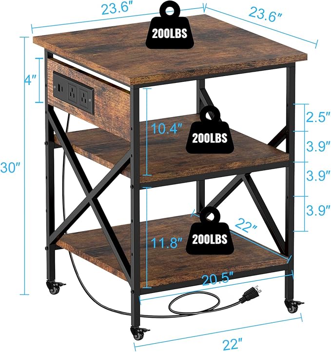 TUMAN Pro Large Printer Stand with Power Outlet 3 Tier Adjustable Shelves Mobile Cart with Industrial Casters 23.6 x 23.6 x 30 Inches for Home Office Rustic Brown