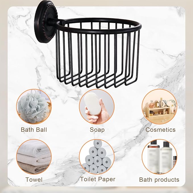 Vintage Wall-Mounted Toilet Paper Holder with Wire Basket Design, Oil-Rubbed Bronze, Wall-Mounted Bath Hand Towel Holder with Braiding Carvings, Vintage Style.