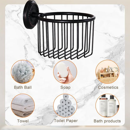 Vintage Wall-Mounted Toilet Paper Holder with Wire Basket Design, Oil-Rubbed Bronze, Wall-Mounted Bath Hand Towel Holder with Braiding Carvings, Vintage Style.