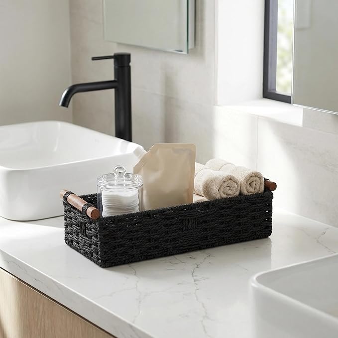 Back of Toilet Basket, Black Toilet Tank Basket with Wooden Handles, Handwoven Paper Rope Wicker Organizer for Toilet Top/Over Toilet Shelf/Bathroom Counter Storage Bin,Holds 2 Toilet Paper Rolls