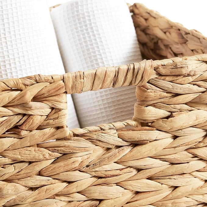 Ornavo Home 13 x 13 Inch Water Hyacinth Baskets Set of 6 – Handwoven Collapsible Wicker Storage Cube Bins with Handles for Bathroom, Bedroom, Laundry and Pantry - Natural