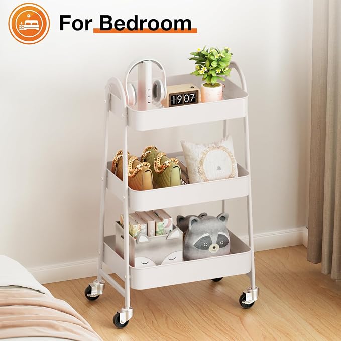 NEWBULIG 3-Tier Metal Rolling Cart with Lockable Wheels, Heavy Duty Mobile Utility Storage Shelf, Roller Book Snack Cart, Organization for Livingroom, Bathroom, Office, White
