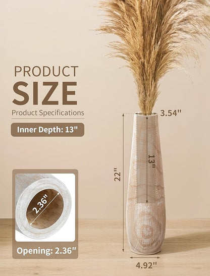Hanobe Wooden Tall Floor Vase: 22 Inch Decorative Vases for Pampas Grass Large Vase for Boho Rustic Farmhouse Living Room Bedroom Hallway Corner Neutral Home Decor