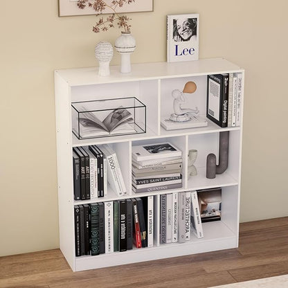 7-Cube Wooden Bookshelf with Base,3-Tier Freestanding Open Storage Organizer,Multi-Functional Bookcase for Living Room,Bedroom,Study and Office (White, 7-Cube)