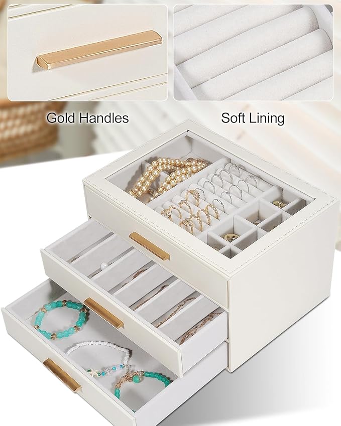Jewelry Box for Women, Glass Lid Jewelry Organizer with 3 Drawers PU Jewelry Storage Case for Necklaces Rings Earrings Bracelets, White