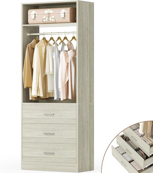 Besiost Freestanding 2FT Closet System with 3 Wood Drawers, 24" Closet Organizer System with Hanging Rod & Shelves, Walk-in Closet Systems for Small Closet, White Oak (24"L*15"W*80"H)