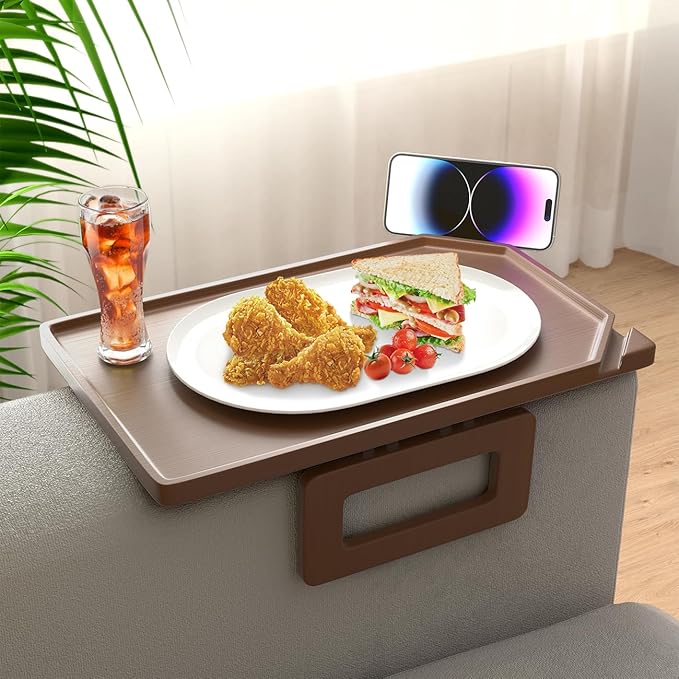 Smatdecis Couch Arm Tray Table Sofa Arm Clip, Armrest Tray Table Suitable for Home Drinks/Fast Food/Fruit Etc, Large Size Multi-Function Brown(Dual Phone/Tablet Holder)