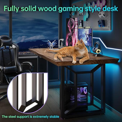 Solid Wood Computer Desk Study Office Desk 55" Writing, Modern Simple Style PC Table, Black Metal Frame, Solid Wood Planks 55" D x 27" W x 29" H for Home Office Bedroom,Rustic Brown