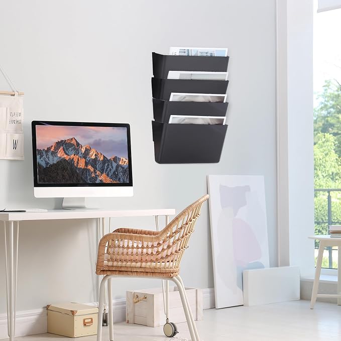 EASEPRES 4 Pack Black Single Pocket Hanging File Organizer, Plastic Wall Mount Paper Mails Magazines Holder, Mounted Folder Bins for Office, School and Home, 12.99x4.13x7.48 inches