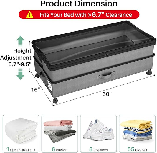 Kitstorack 4 Pack Height-adjustable Under Bed Storage with Wheels, Under Bed Storage Containers,Under Bed Shoe Storage Organizer with Clear Window&Label, Suitable for Clothes Storage, Gray