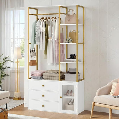 Closet System Organizer, 81.3” H Wardrobe Closet with 3 Wooden Drawers, Clothes Rack with Hanging Rods, 4 Tiers Shelves, Metal Frame, White and Gold