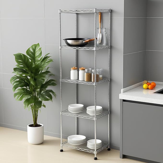 hiLISS Chrome Small 5 Tiers Wire Shelving NSF Certified. Adjustable Storage Rack for Kitchen,Garage,and Laundry Utility Room (Chrome-Small-5Tiers-16x12x55)