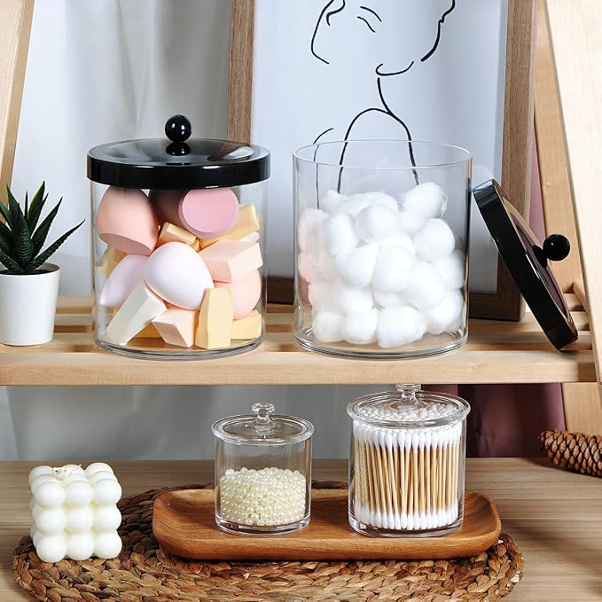 SheeChung 3-Pack Plastic Apothecary Jars with Black Metal Lids - Large 50oz, 25oz & 15oz Clear Acrylic Storage Set - Shatterproof Bathroom & Laundry Room Organizer - Modern Farmhouse Decor