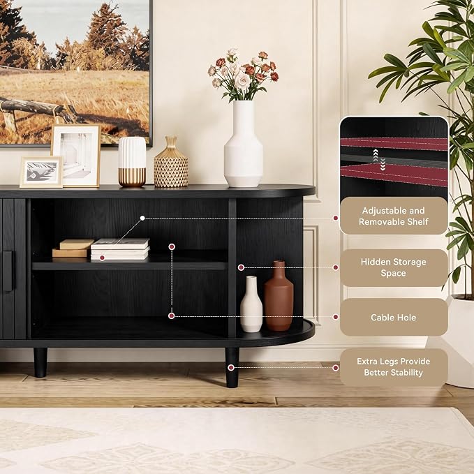 58" Mid Century Modern TV Stand with Power Outlet, Fluted Entertainment Center with Storage and Adjustable Shelves, Wood TV Console with Sliding Doors for Living Room, Black