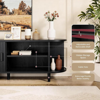 58" Mid Century Modern TV Stand with Power Outlet, Fluted Entertainment Center with Storage and Adjustable Shelves, Wood TV Console with Sliding Doors for Living Room, Black
