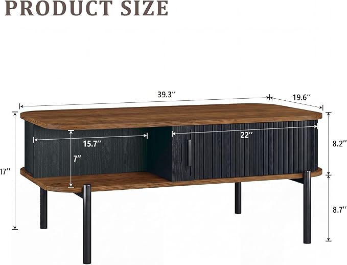 Coffee Table, 39.4" Mid Century Modern Coffee Tables for Living Room, Coffee Table with Storage Open Shelf, Fluted Table with Sliding Cabinet Door, 2-Tier Rustic Wood Desktop, Black & Walnut