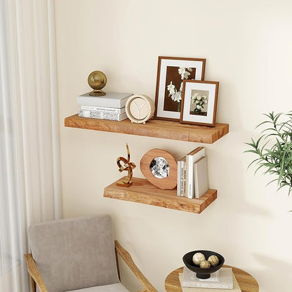 fuqing Wood Floating Shelves for Wall - Solid Elm Wood Live Edge Floating Shelves 24 Inch - 9 Inch Deep Natural Wooden Wall Shelves with Upgraded Heavy Duty Brackets and Anchors