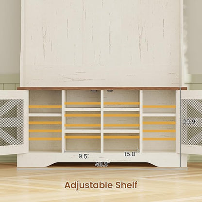 Itaar Hall Tree with Bench and Shoe Storage, 5-in-1 Entryway Bench with Coat Rack, 10 Shoe Cubbies & 9 Coat Hooks, Barn Door & Adjustable Shelf (White)
