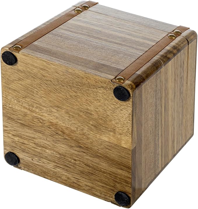 MyGift Premium Acacia Solid Wood Tissue Box Cover, Mid Century Style Square Bathroom Facial Tissue Box Dispenser Holder with Decorative Vintage Leatherette Straps