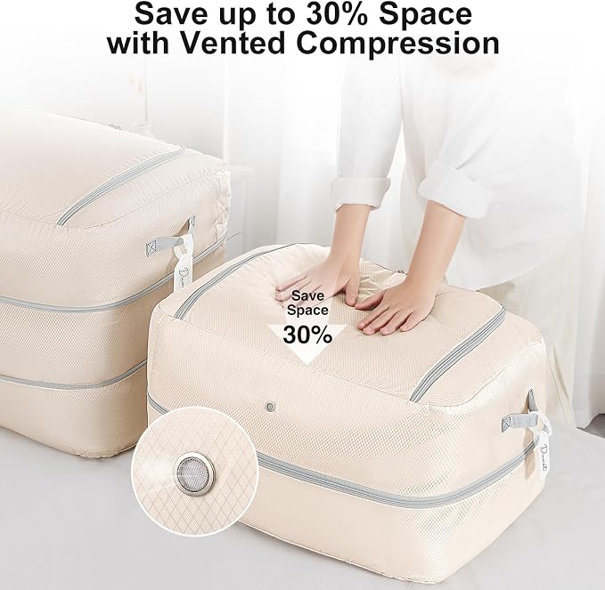 Comforter Storage Bag - 110L Large Capacity Blanket Storage Bags 2-Layer Ultra Space Saving Self Compression Organizer, Washable Compression Bags for Storage Comforter Blanket, 1-Pack, Beige
