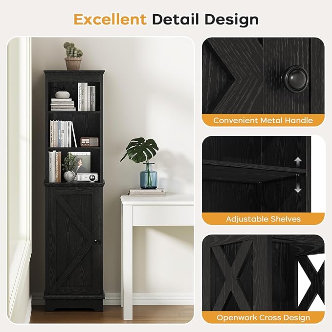 Narrow Bathroom Storage Cabinet with Door and Open Adjustable Shelves, 60.9" H Wooden Tall Tower Corner Farmhouse Cabinet, Freestanding Organizer for Kitchen, Entryway Black