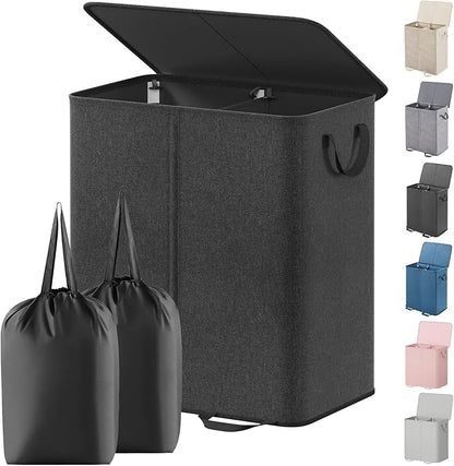 Lifewit Double Laundry Hamper with Lid and Removable Laundry Bags, Large Collapsible 2 Dividers Dirty Clothes Basket with Handles for Bedroom, Laundry Room, Closet, Bathroom, College, 155L Black