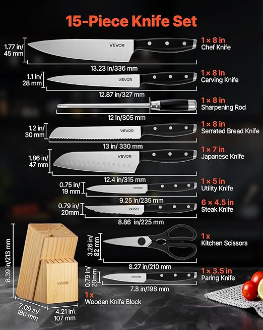VEVOR Kitchen Knife Set with Block and Sharpener, 15 Piece High Carbon Stainless Steel Sharp Knife Set, Kitchen Cutlery with Ergonomic Handle, Sharpening Rod and Premium Wooden Block, for Home Cooks