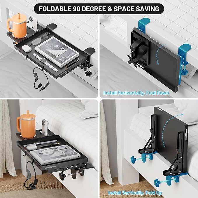 Bedside Shelf Foldable, Metal Clip-On Table Shelf for Dorm Room Bunk Bed & Top Bunk, College Dorm Room Essentials, Bedside Caddy, Floating Desk Tray, Bed Side Table Storage, Loft Nightstand Decor