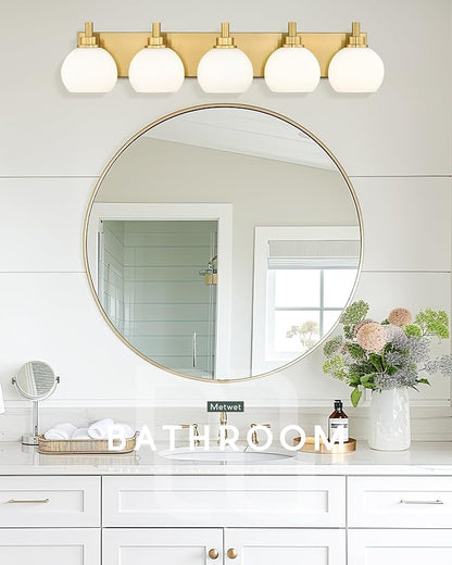 Bathroom Light Fixtures, 5-Light Brushed Gold Bathroom Vanity Lights Over Mirror with Globe Milk White Glass Shade, 32 Inch Modern Vanity Lighting Fixtures, VL195-BG-ML-5