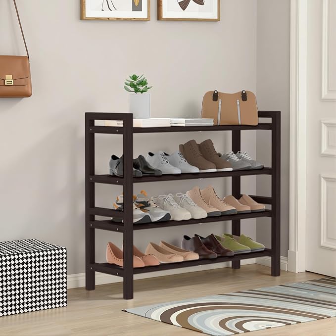 Haddockway Bamboo Shoe Rack for Closet, Free Standing Shoe Organizer with Smooth Round Rods & Convenient Handles, Stackable Shoe Storage Shelf for Entryway, Hallway(Brown, 4-Tier)