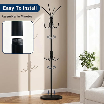Freestanding Coat Rack with 12 Hooks,Modern Coat Stand with Wood Base for Entryway, Bedroom, Office, 3 Adjustable Height Coats Hanger Stand for Coats, Hats, Handbags and Scarves, Black